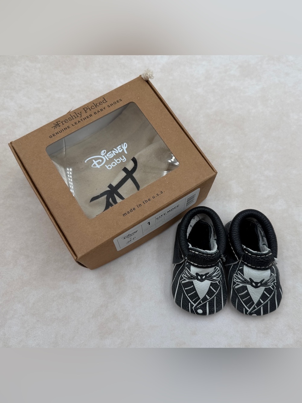 Freshly Picked NMBC Black & White Jack Skellington Baby Moccasins